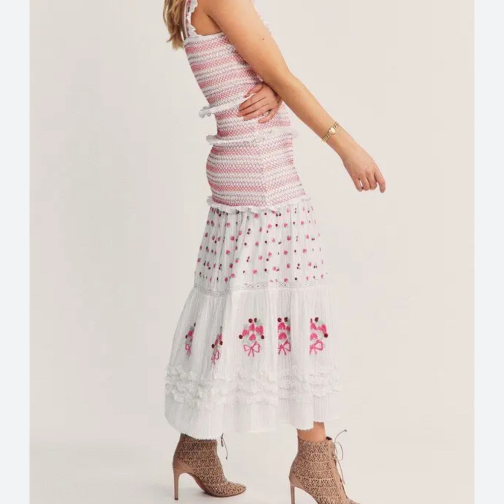 New Loveshackfancy smocked floral bow midi skirt